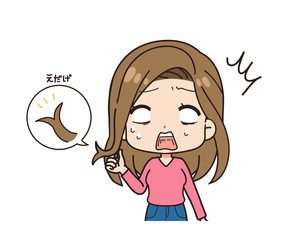  Front illustration of woman shocked by split ends, upper body.