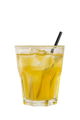 A single-colored transparent cocktail, refreshing in a low glass with radiant ice cubes with a taste of melon, pineapple, pear, apple, fruit, with straw, side view, Isolated white background