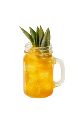 Multi-colored two-layer opaque cocktail in glass with ice cubes, melon, pear, apple, berries, fruit, pineapple leaves, orange, apricot, peach, side view, Isolated white background