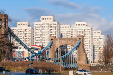 Wroclaw, Poland, February 2020.Grunwald bridge (most grunwaldzki) with concrete communist 70s buildings in the background. © Emeryk_3_Drozdowski