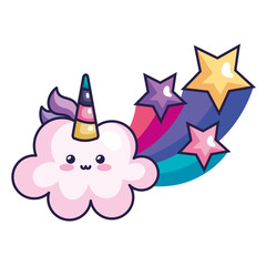 cute cloud with shooting stars unicorn kawaii style icon vector illustration design