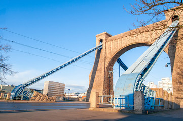 Wroclaw, Poland, February 2020. Grunwaldzki Bridge (most grunwaldzki) Suspension bridge in wroclaw