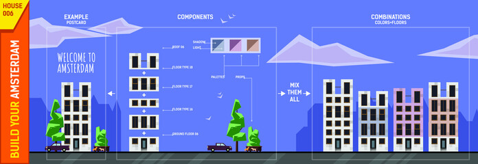 Amsterdam modern house constructor. Front view. Contains tree, bushes, car, bike rider and color palettes. Use module elements to build your own design of poster, banner, postcard, etc.