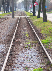 Fototapeta premium Wroclaw, Poland, February 2020. straight tram track in wroclaw.