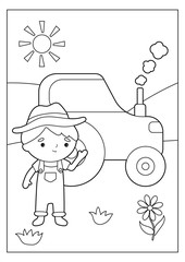 Educational game for preschoolers. Coloring page. Cute kawaii farmer with tractor. Vector illustration.