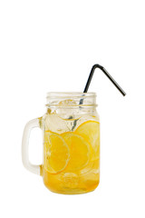 Multicolored, gradient opaque cocktail, cool tea, refreshing in a glass jar with ice cubes, round lemon slices, with a taste of fruits and citrus, straw, Side view, Isolated white background