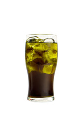 A single-colored transparent green cocktail, refreshing shining in a tall glass with large square ice cubes, side view, isolated white background. Drink for the menu restaurant, bar, cafe