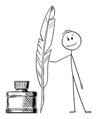 Vector cartoon stick figure drawing conceptual illustration of man, writer or poet with quill pen and ink bottle.