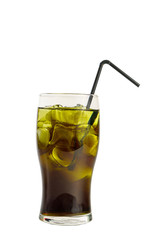 Fototapeta na wymiar A single-colored transparent green cocktail, refreshing shining in a tall glass with large square ice cubes, straw, side view, isolated white background. Drink for the menu restaurant, bar, cafe