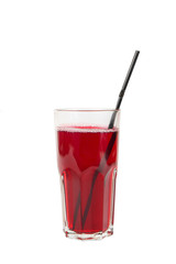 Monochrome transparent cocktail, fruit drink, refreshing in a tall glass with taste of berries, cherries, strawberries, grapefruit with a straw. Side view Isolated white background