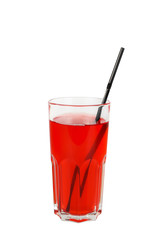 Monochrome transparent cocktail, refreshing in a tall glass with with taste of berries, cherries, strawberries, grapefruit with a straw. Side view Isolated white background