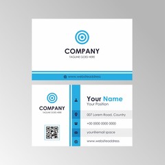 Simple clean blue and white business card with qr code design, professional name card template vector