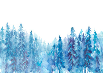 Watercolor group of trees - fir, pine, cedar, fir-tree. green forest, countryside landscape. Landscape scene for Christmas cards, banners. Holiday design. abstract fog forest, silhouette of trees.