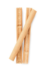 Top-view (flat lay) Calcium milk stick with banana for pets (Dog treats) isolated on white background, clipping path