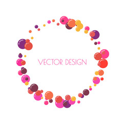 Multicolored round banner, frame of circles. Randomly scattered colored bubbles. Childish vibrant round dots on white background for decoration. Vector illustration.