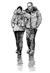 Fototapeta na wymiar Sketch of couple citizens walking along street