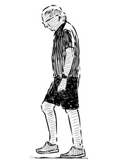Sketch of casual elderly man walking along street