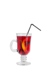 Monochrome transparent cocktail, red mulled wine in a high glass with a handle with spices and a slice of lemon, orange, star anise and vanilla stick, side view, isolated white background