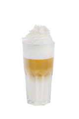 A multi-colored, two-layer opaque cocktail in a tall glass with chopped ice, whipped cream, with a taste of coffee, caramel, cream, Side view, Isolated white background, drink for menu