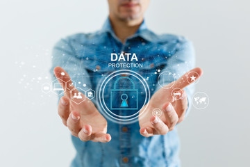 business, technology and internet concept - businessman pressing data security button on virtual...