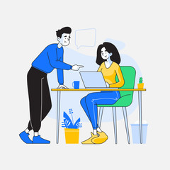 Teamwork and idea concept. Young woman sitting at desk and working on her laptop, her colleague , a young man giving her advice and pointing details on laptop, vector illustration