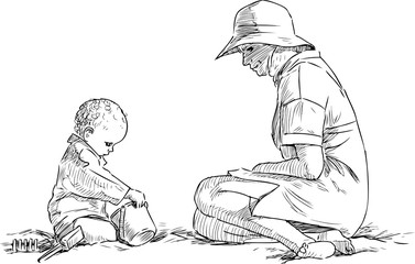 Sketch of mother with her baby sitting on sandy beach by the sea