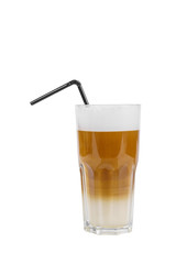 A multi-colored, two-layer opaque cocktail in a tall glass with chopped ice, whipped cream, with a taste of coffee, caramel, cream, Side view, Isolated white background, drink for menu