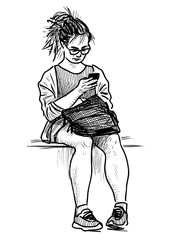 Sketch of student girl sitting on park bench with her smartphone