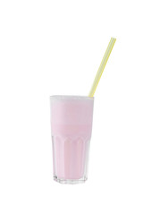 Milk cocktail with topping, strawberry, berry, cherry, yellow straw, isolated white background in grain glass, side view
