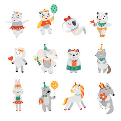 Happy birthday nice animal collection. Vector illustration. Lovely child set of funny charectrers.
