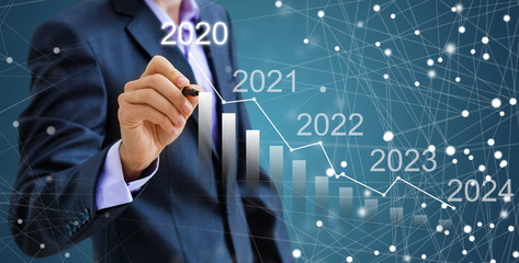 Obraz premium Businessman pressing 2020 start up business flat icon over gradient light blue background, Business happy new year cover concept