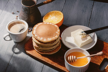 Spring breakfast with coffee and pancakes