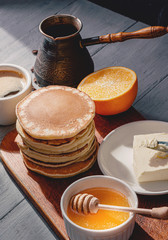 Spring breakfast with coffee and pancakes