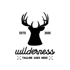 Wilderness Logo Vector with Deer Head Silhouette in Rugged Classic Vintage Style Black and White Color
