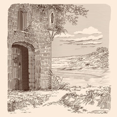 Medieval stone castle and hilly landscape. The door is open to a secret entrance.