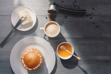 Spring breakfast with coffee and pancakes