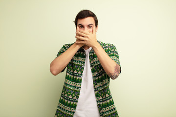  covering mouth with hands with a shocked, surprised expression, keeping a secret or saying oops