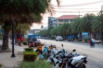 Krabi, Thailand - January 21, 2019: A street scene at the Aonang in the morning.