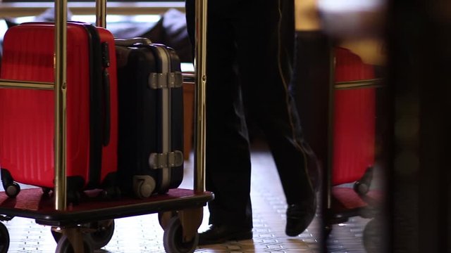 Bellboy carries suitcases in hotel