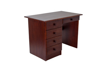 Classic brown desk with drawers, side view, isolated on a white background.