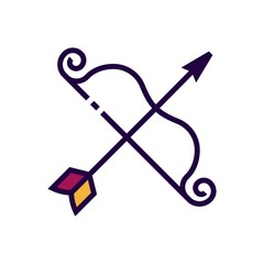 Weapon bow icon is in flat and pixel perfect style. Graphic vector icon for fortuneteller or astrology website.