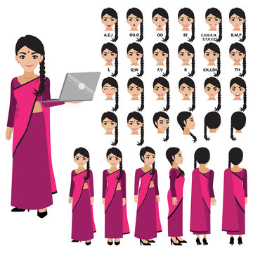 Cartoon character with Indian business woman in sari dress for animation.  Front, side, back, 3-4 view character. Separate parts of body. Flat vector  illustration. Stock Vector | Adobe Stock