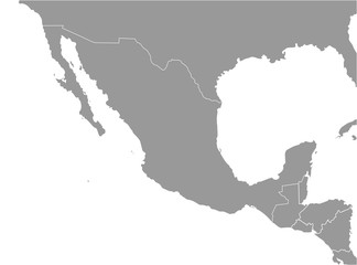 Vector illustration. Simplified geographical  grey map of Mexico and nearest countries (USA, Belize, Guatemala, Honduras, Nicaragua,  El Salvador, Costa Rica, Cuba). White background