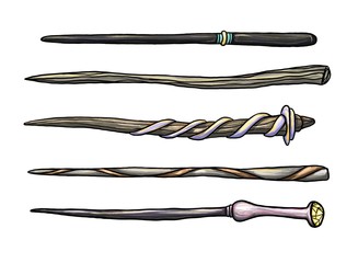 Set of five different dark magic wands. Hand drawn illustration. Isolated on a white background.