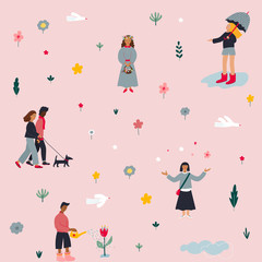 Fototapeta na wymiar Girl Boy Couple pink spring illustration pattern