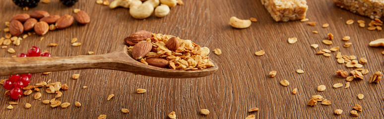 Wooden spatula with granola above table and nuts, oat flakes and berries on wooden background, panoramic shot