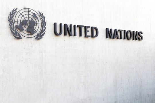 Geneva, Switzerland - October 1, 2017: United Nations symbol on a wall in Geneva, Switzerland