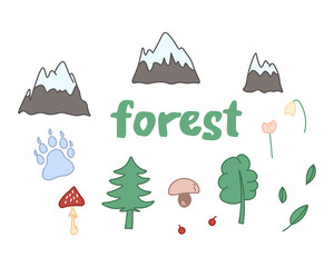 forest flora collection, wild nature cartoon doodle elements, editable vector illustration for kids book decoration, print, stickers