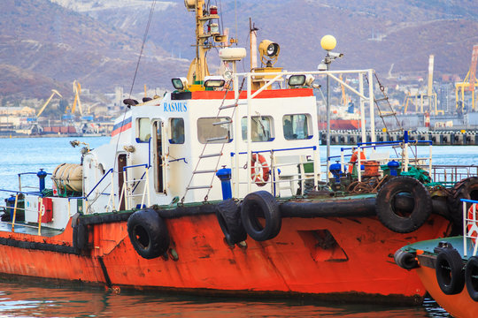 NOVOROSSIYSK, RUSSIA - NOVEMBER 3, 2019 : Novorossiysk seaport, a ship RASMUS in the bay.