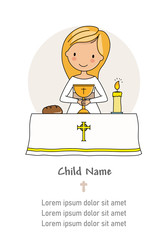 Communion girl card. Little girl in the church with chalice in her hand